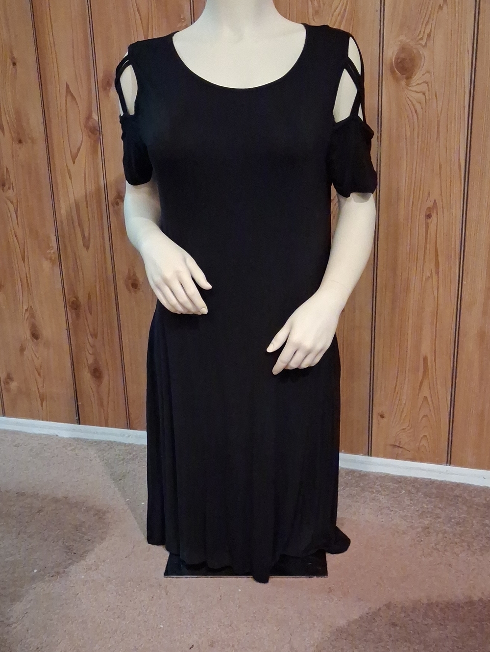 Black Cold-Shoulder Midi Dress with Cutout Strap Detail